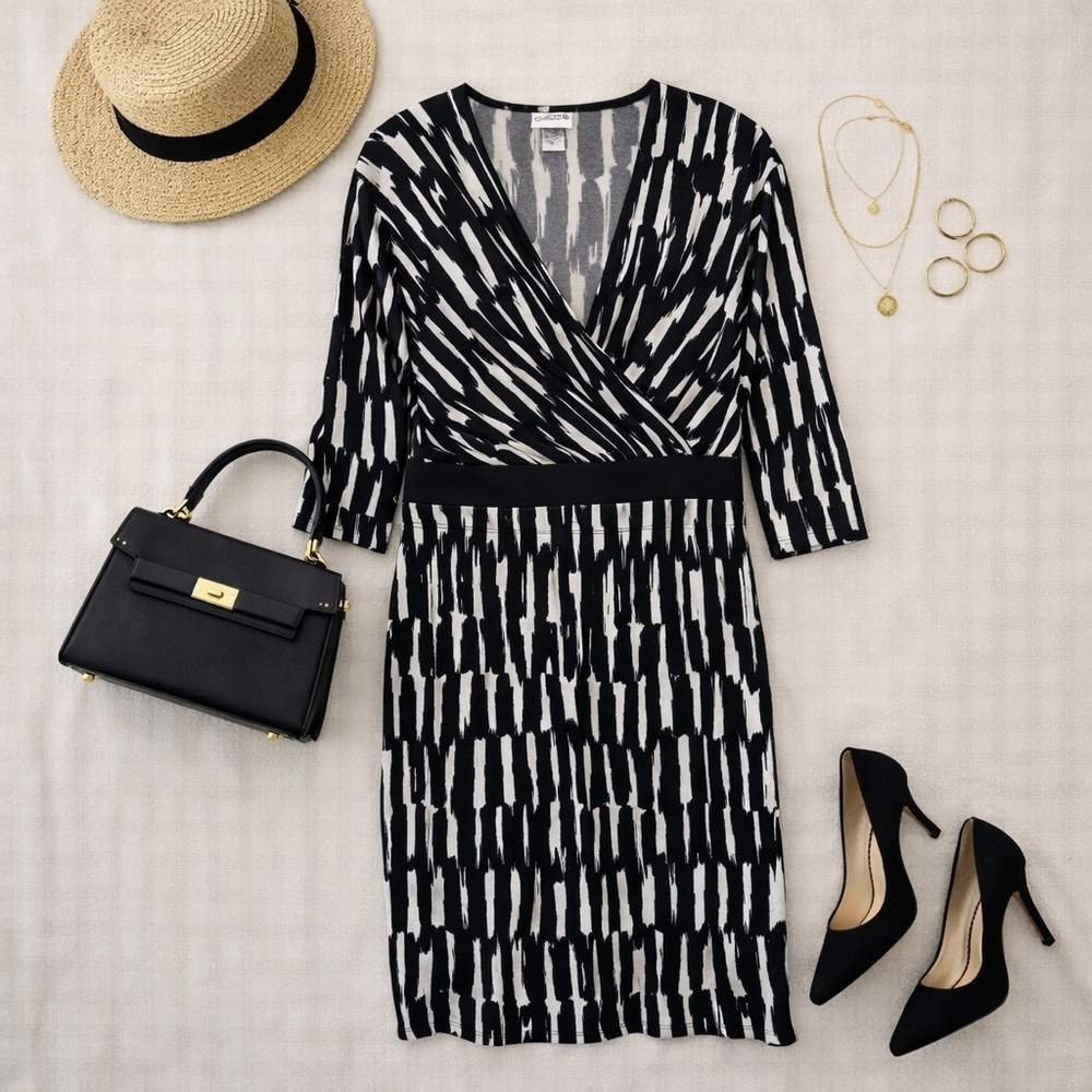Chicos Black White Faux Wrap Pull On 3/4 Sleeve Stretchy Dress. Chicos 1 (8-10)